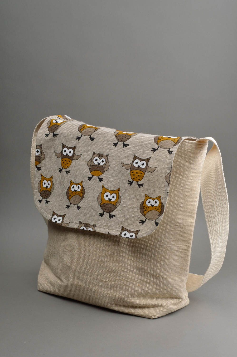 Sac en tissu de lin et coton fait main avec pochette intérieure Hiboux photo 2