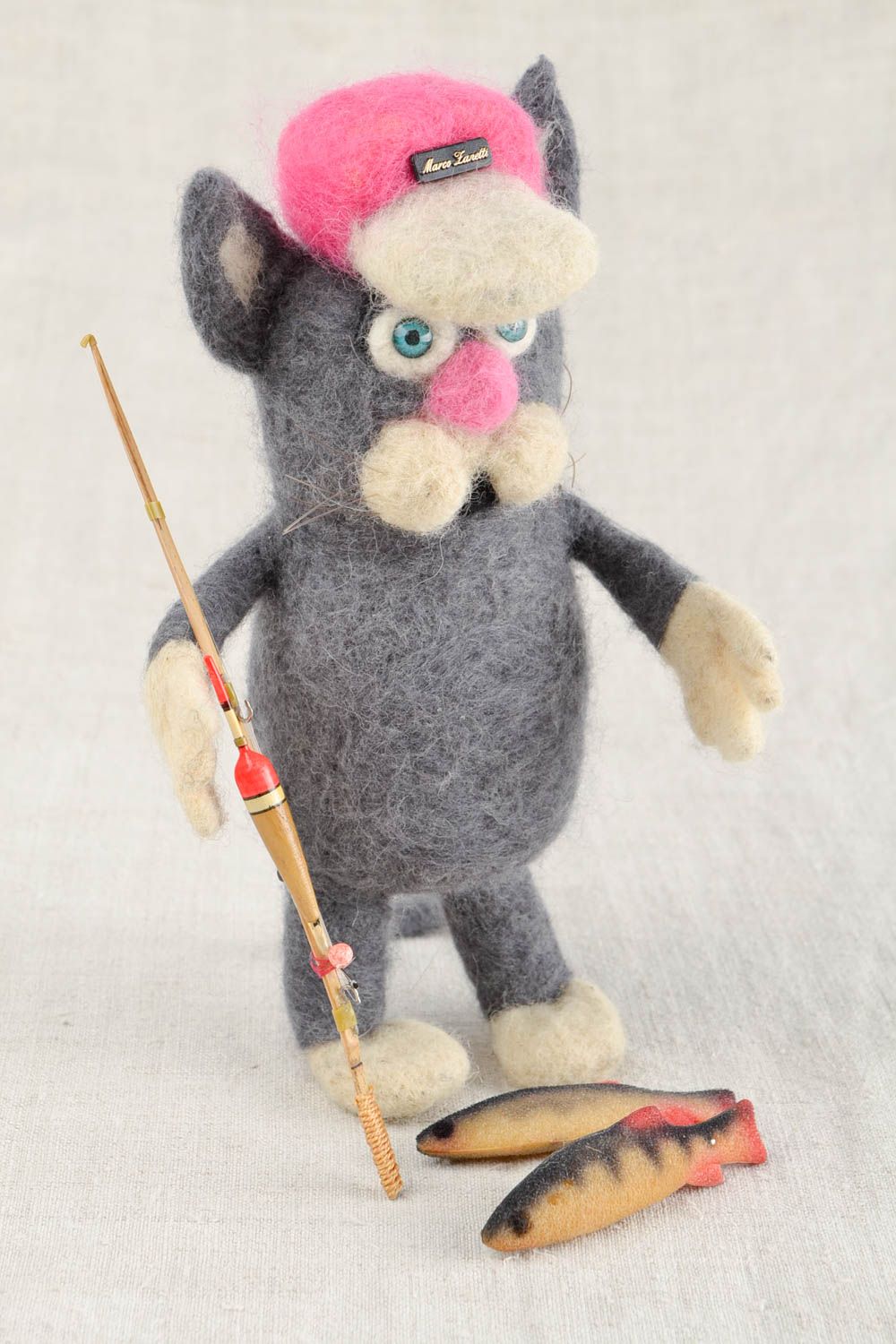 Juguete artesanal peluche de fieltro seco regalo para niños Gato pescador foto 1