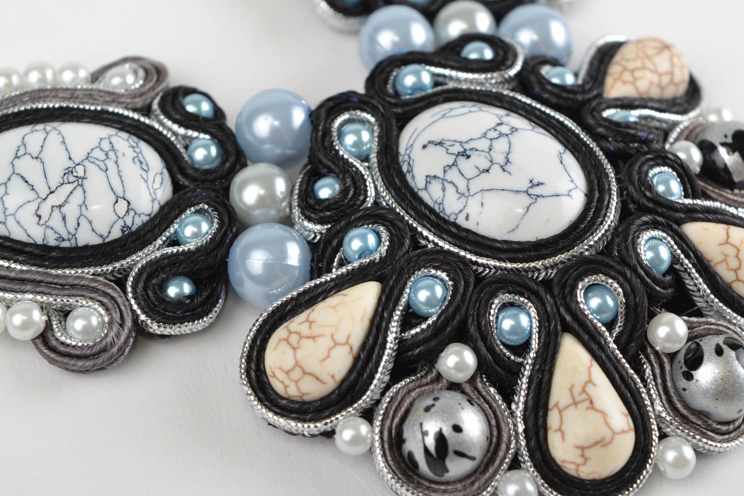 Soutache decorative necklace with plastic pearl beads handmade accessory Snow photo 4