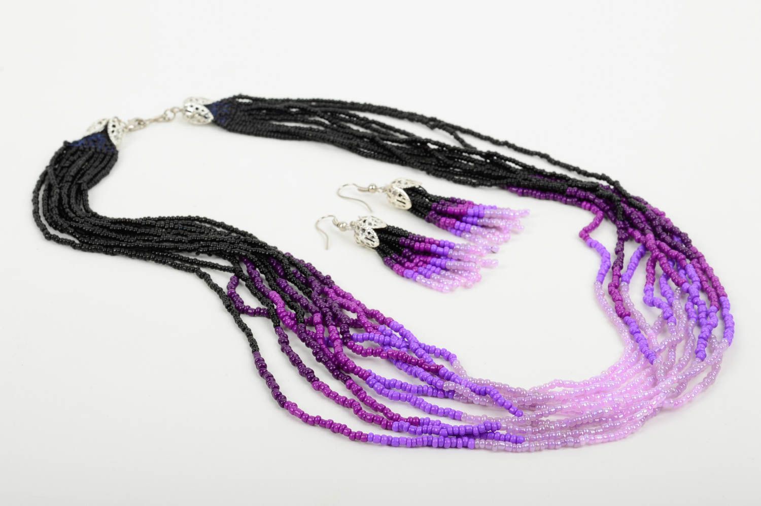 Ensemble bijoux Collier fait main Boucles d'oreilles pendantes noir-violet photo 2