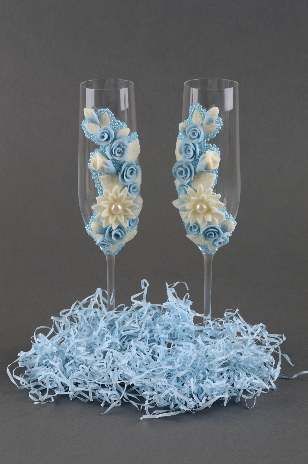 Flûtes à champagne fait main Vaisselle déco verre fleurs Cadeau original 2 pcs photo 1
