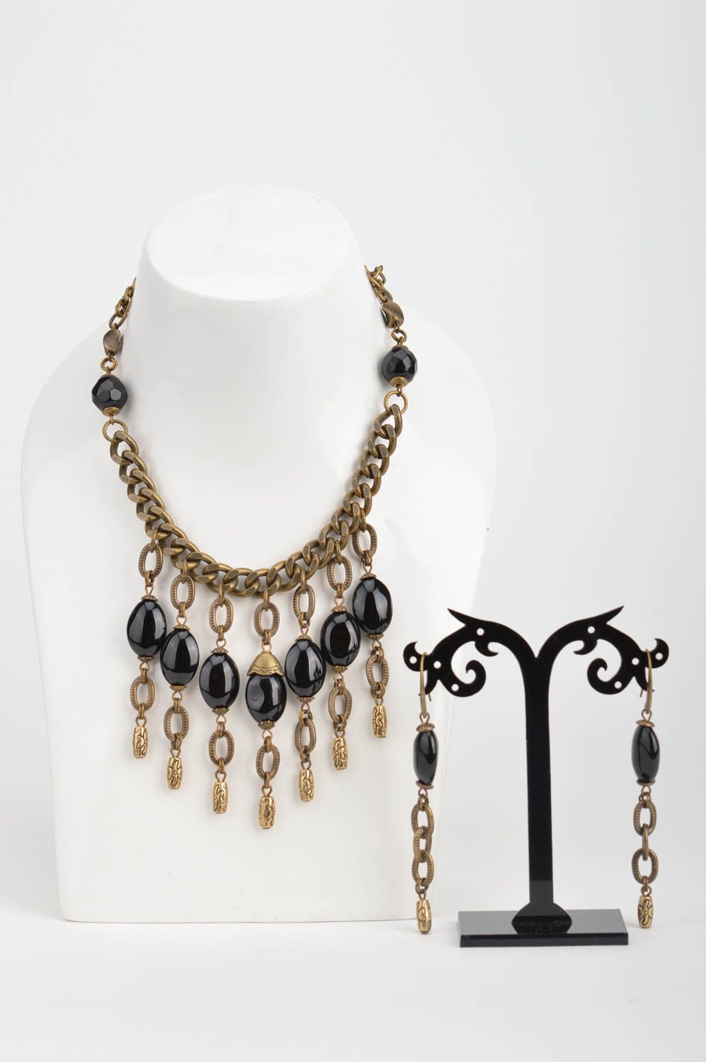 Set of handmade metal jewelry with black beads necklace and dangle earrings photo 3