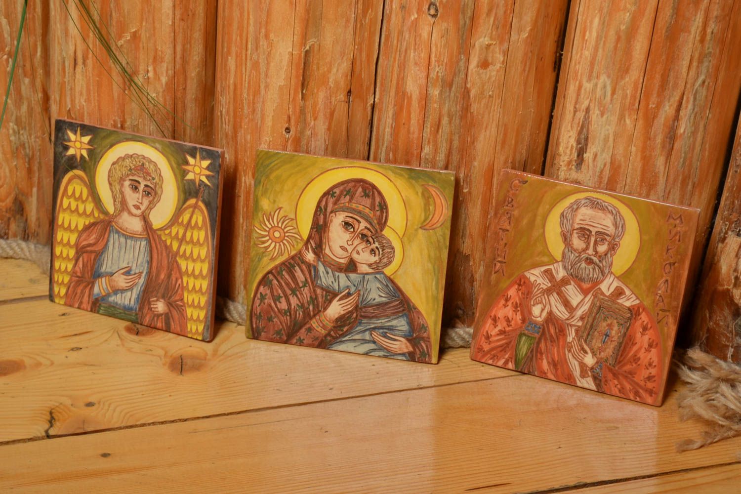 Set of 3 handmade ceramic facing tile painted with engobe with images of saints  photo 1