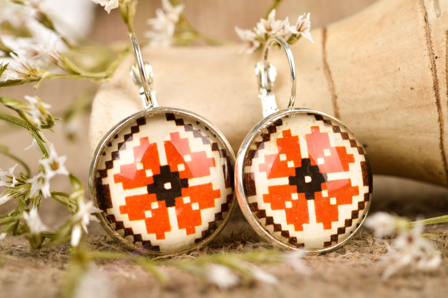 Cabochon earrings handmade stylish earrings with print round-shaped earrings photo 1