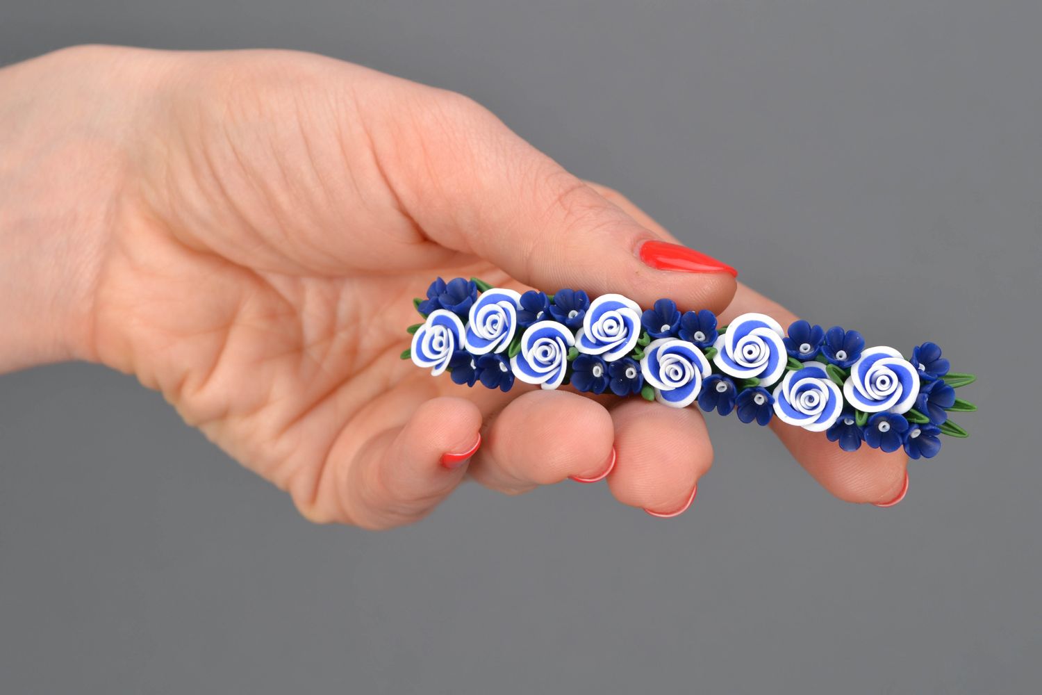 Barrette à cheveux automatique faite main Roses bleues photo 2