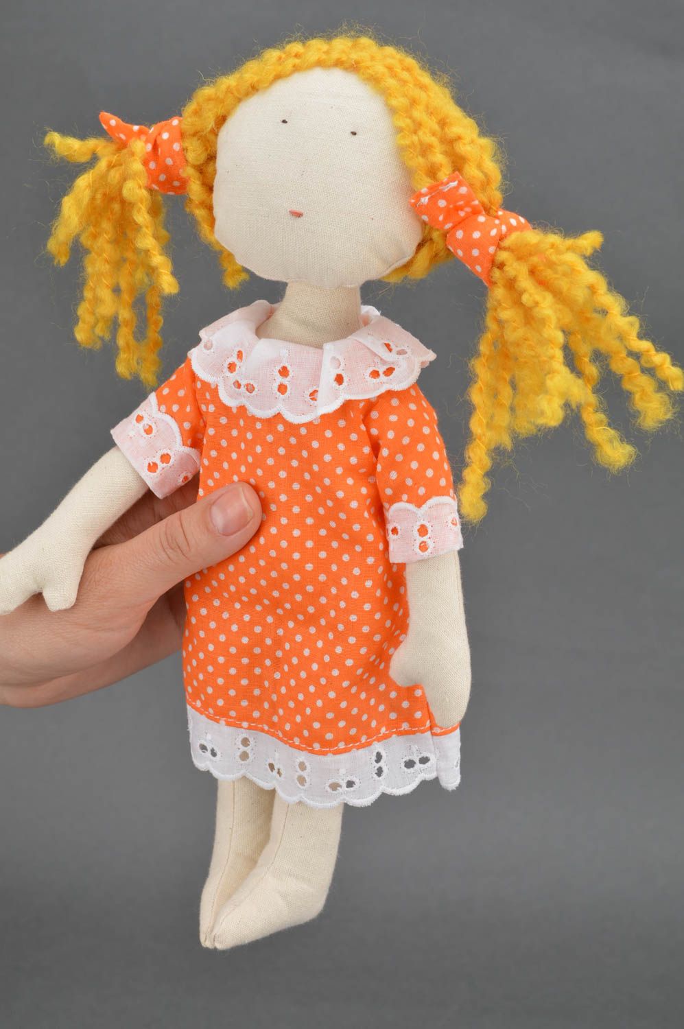 Handmade beautiful small with ginger hair cute toy doll made of fabric photo 3