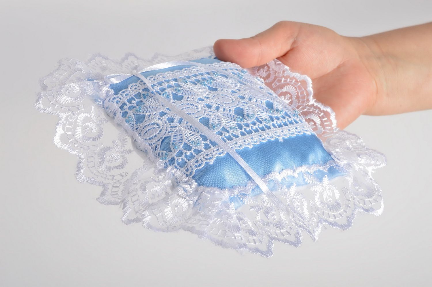 Beautiful blue handmade designer satin ring bearer pillow with lace photo 2
