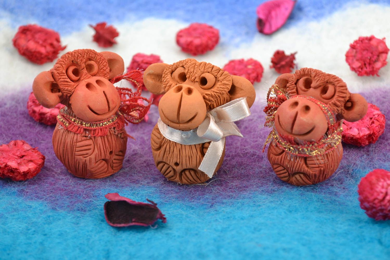 Set of red clay decorative handmade painted figurines monkeys 3 pieces photo 1