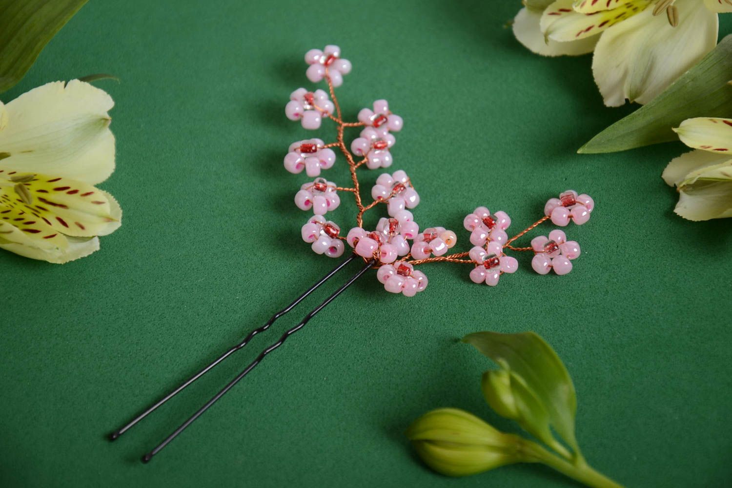 Handmade metal hair pin decorated with tender pink beaded flowers on wire basis photo 1