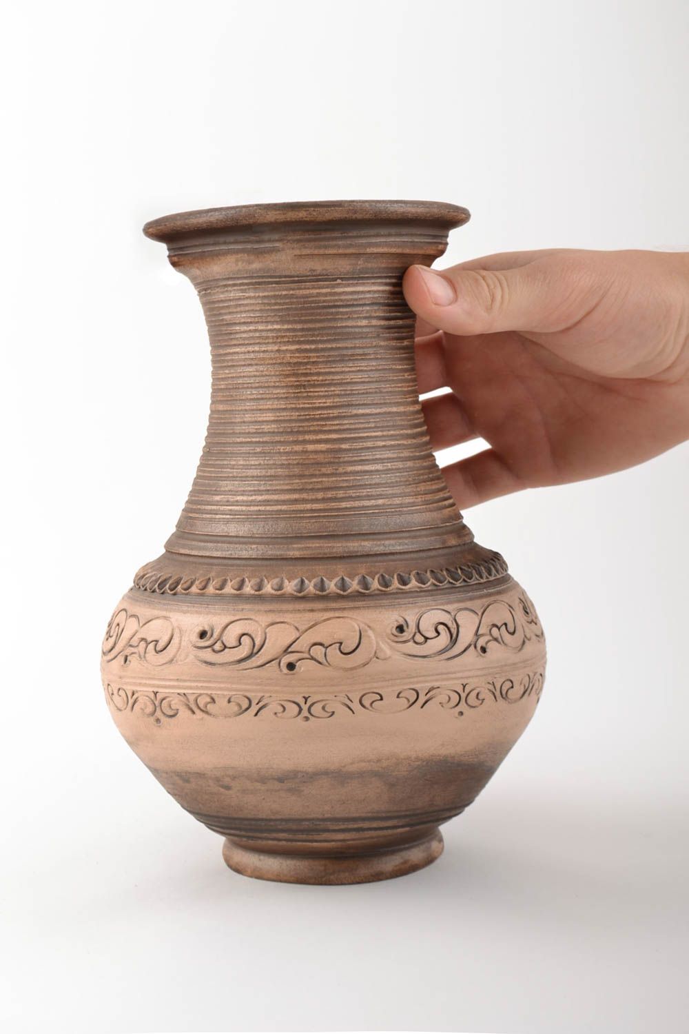 Belle cruche céramique ornementée sans anse 1 litre faite main marron ethnique photo 5