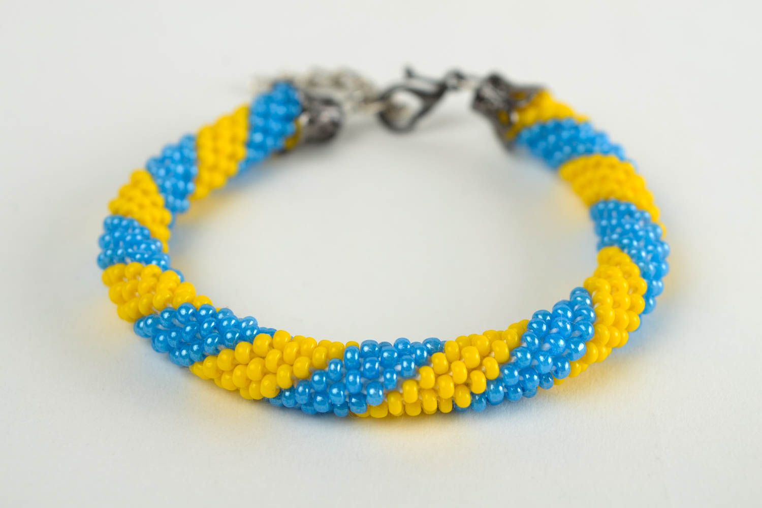 Handcrafted womans bracelet yellow and blue beaded accessory crocheted accessory photo 3