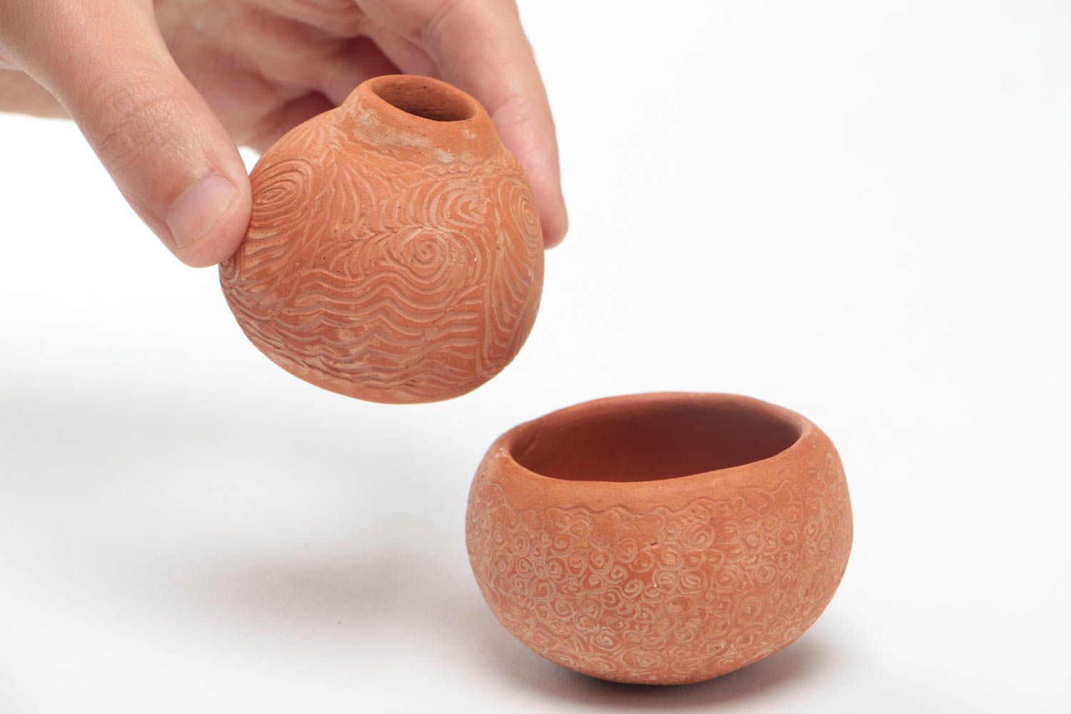 Set of red clay handmade 2,5 inches pot and vase 2 oz, 0,22 lb photo 5
