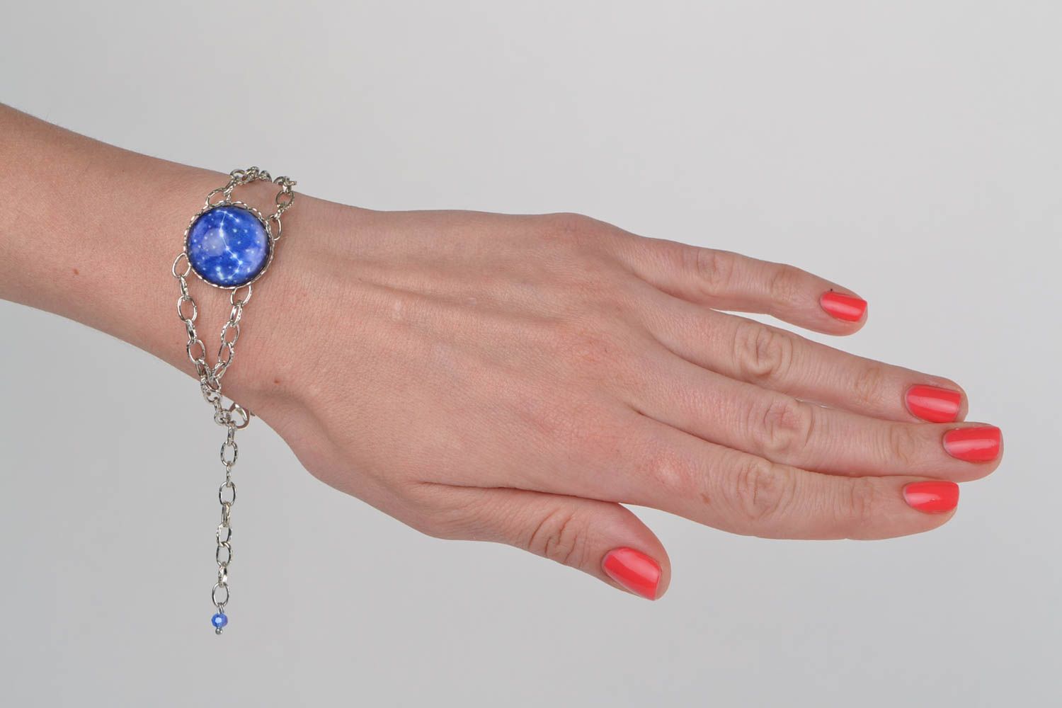 Unusual beautiful blue handmade metal bracelet with Scorpio zodiac sign photo 1