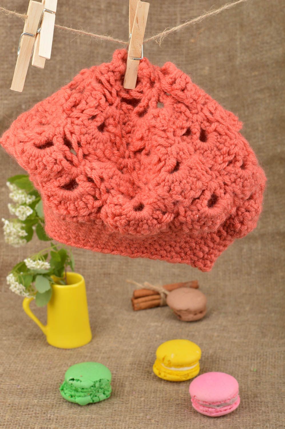 Handmade peach color crocheted beret for children made of wool and cotton photo 1