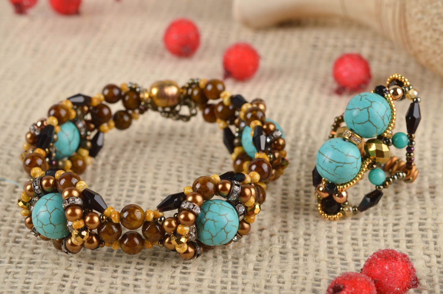 Parure de bijoux Bracelet et bague faits main en perles de rocaille Cadeau femme photo 1