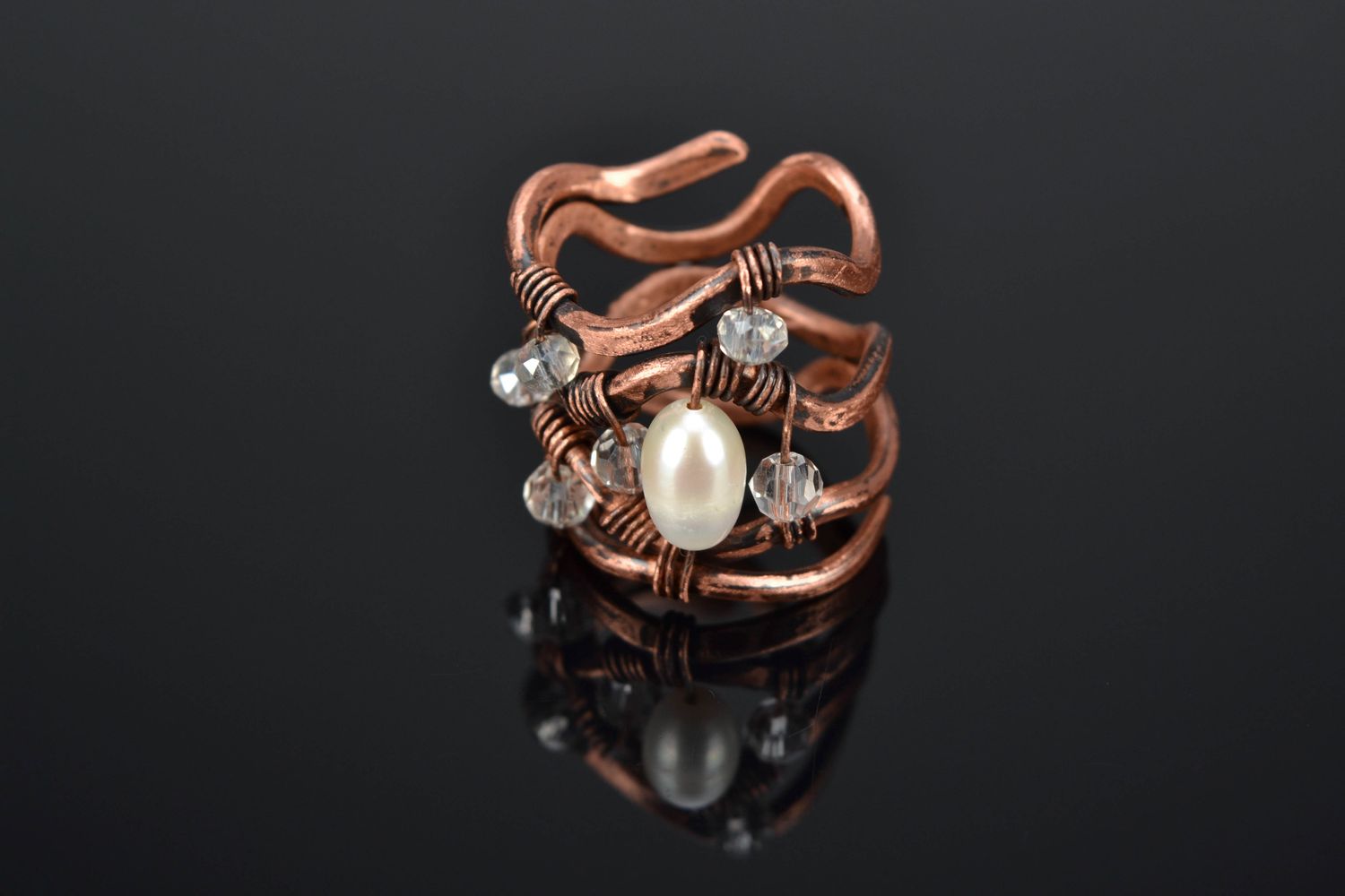 Wide copper ring with pearl wire wrap photo 1