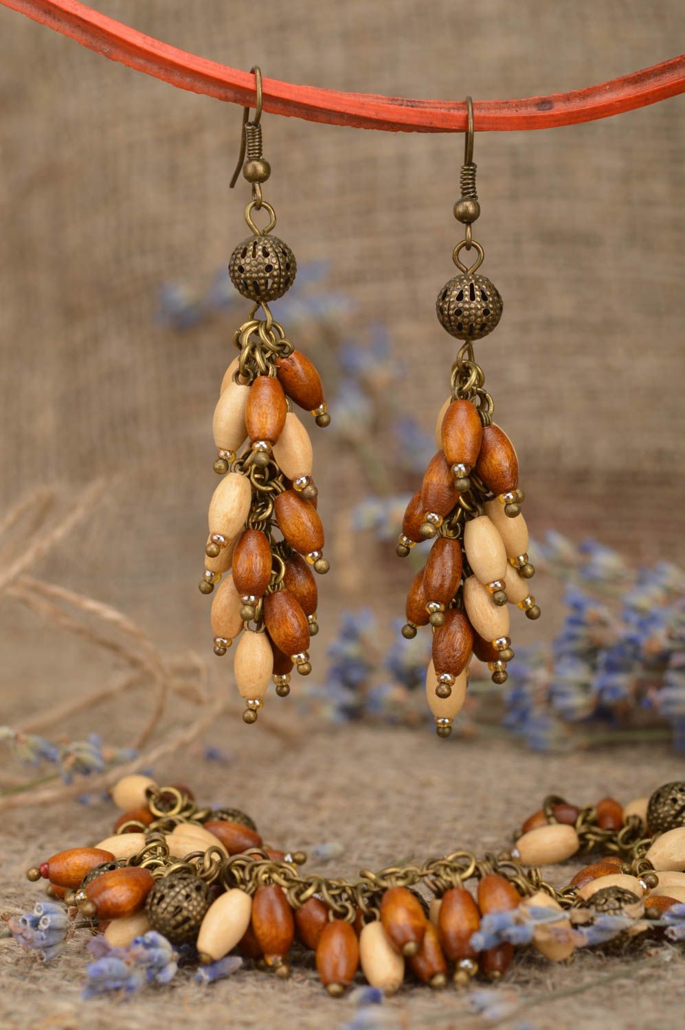 Handmade jewelry set wooden jewelry dangling earrings charm bracelet for women photo 1