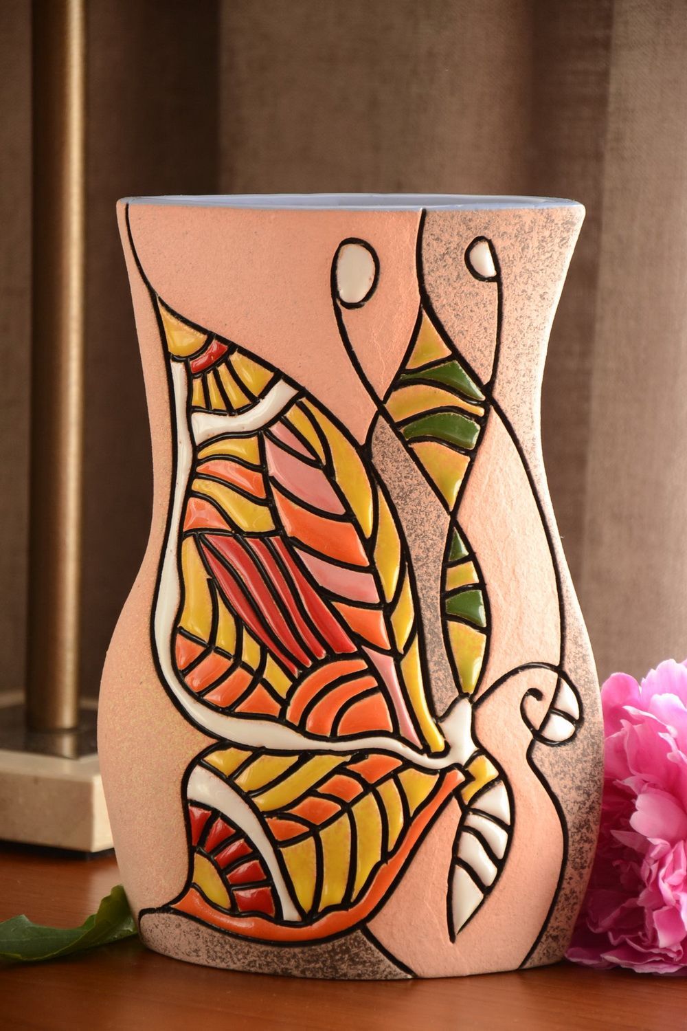 Handmade ceramic art style 60 oz 10 inches beige color with butterfly painting 2,5 lb photo 1