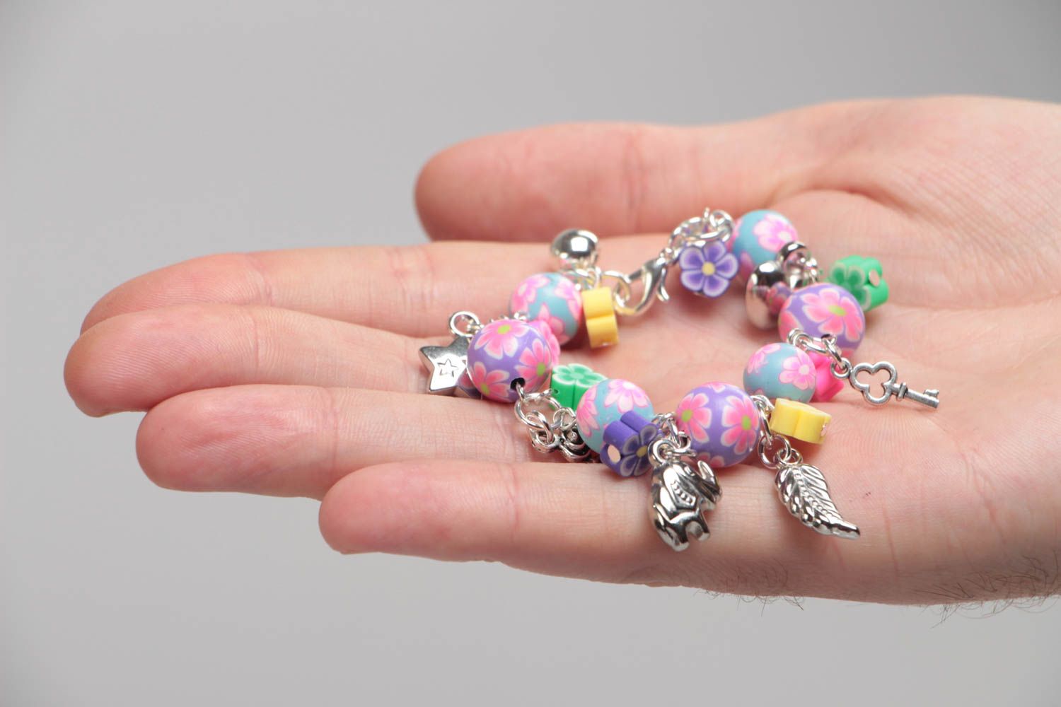 Bright colorful handmade children's polymer clay wrist bracelet with charms photo 5