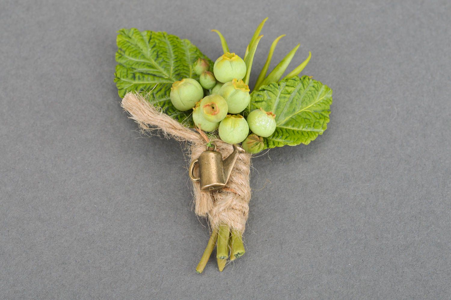 Handmade decorative boutonniere brooch with green berries stylish accessory photo 2