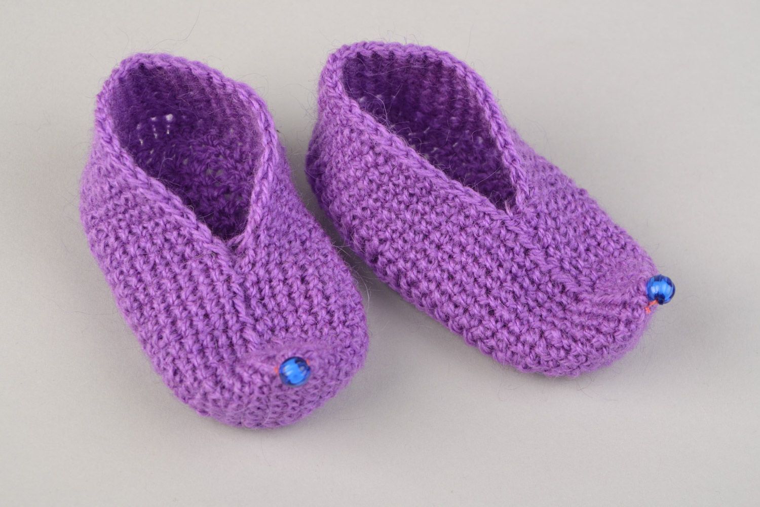 Handmade soft and warm baby shoes crocheted of angora wool of violet color photo 4