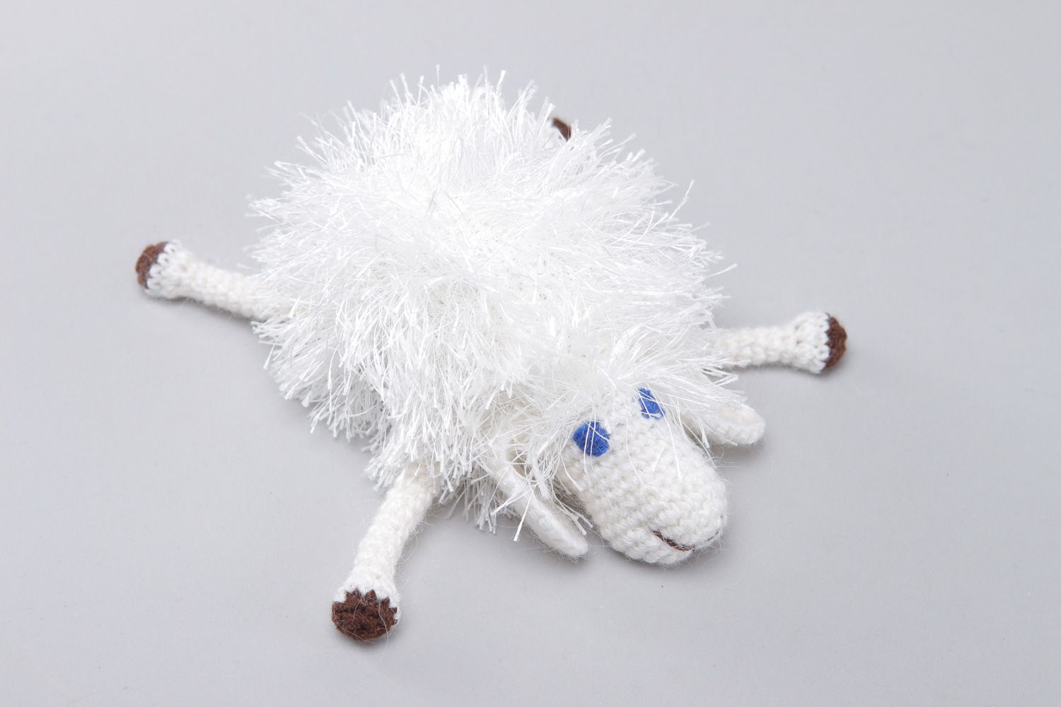 Handmade fluffy soft toy crocheted of woolen yarns white lamb for children photo 1