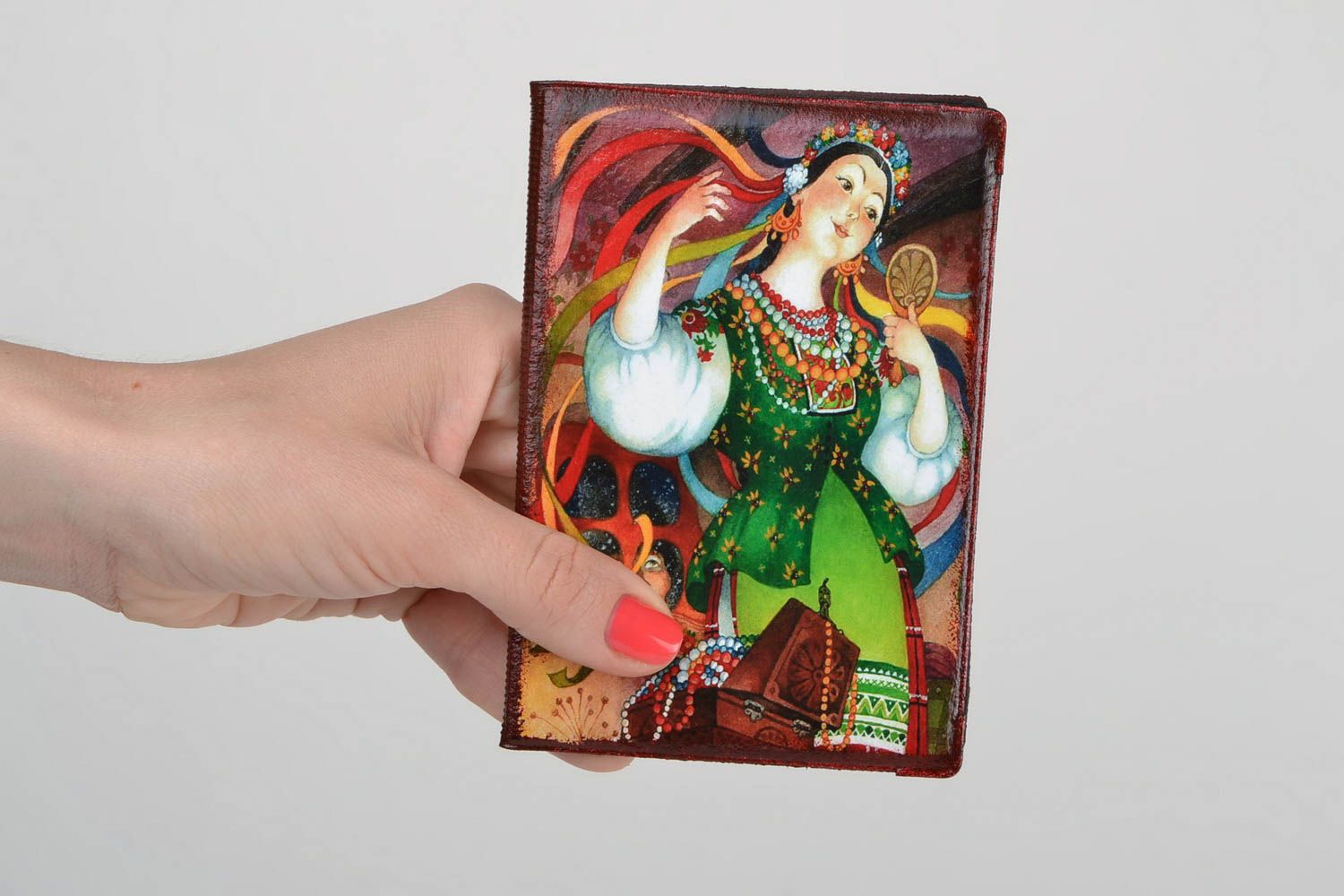 Handmade colorful faux leather passport cover with decoupage Ukrainian Girl photo 2