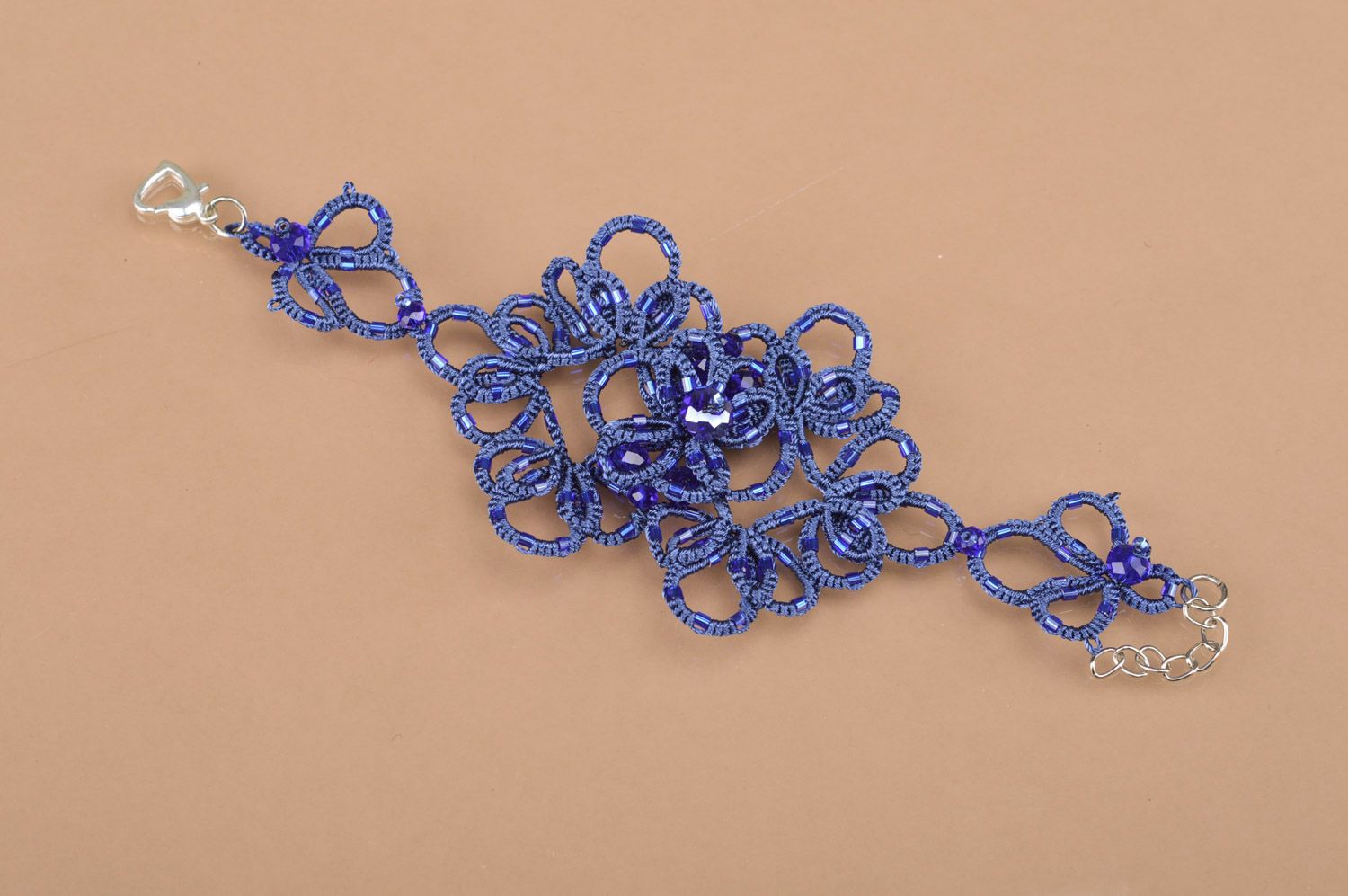 Blue lacy handmade ankars tatting bracelet woven of satin threads photo 2