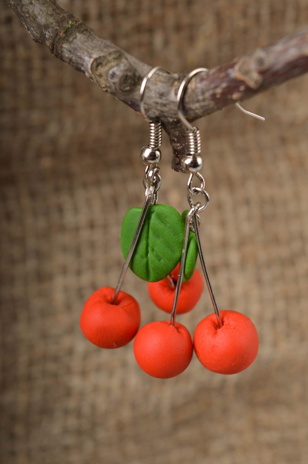 Handmade designer dangle earrings with cold porcelain red cherries with leaves photo 1