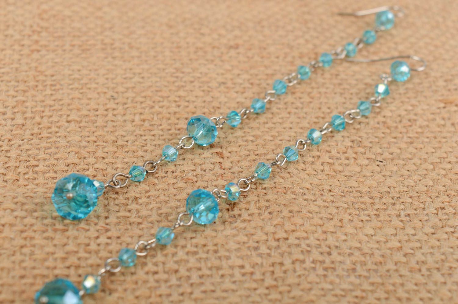 Handmade light blue dangle earrings with Czech crystal beads for ladies photo 1