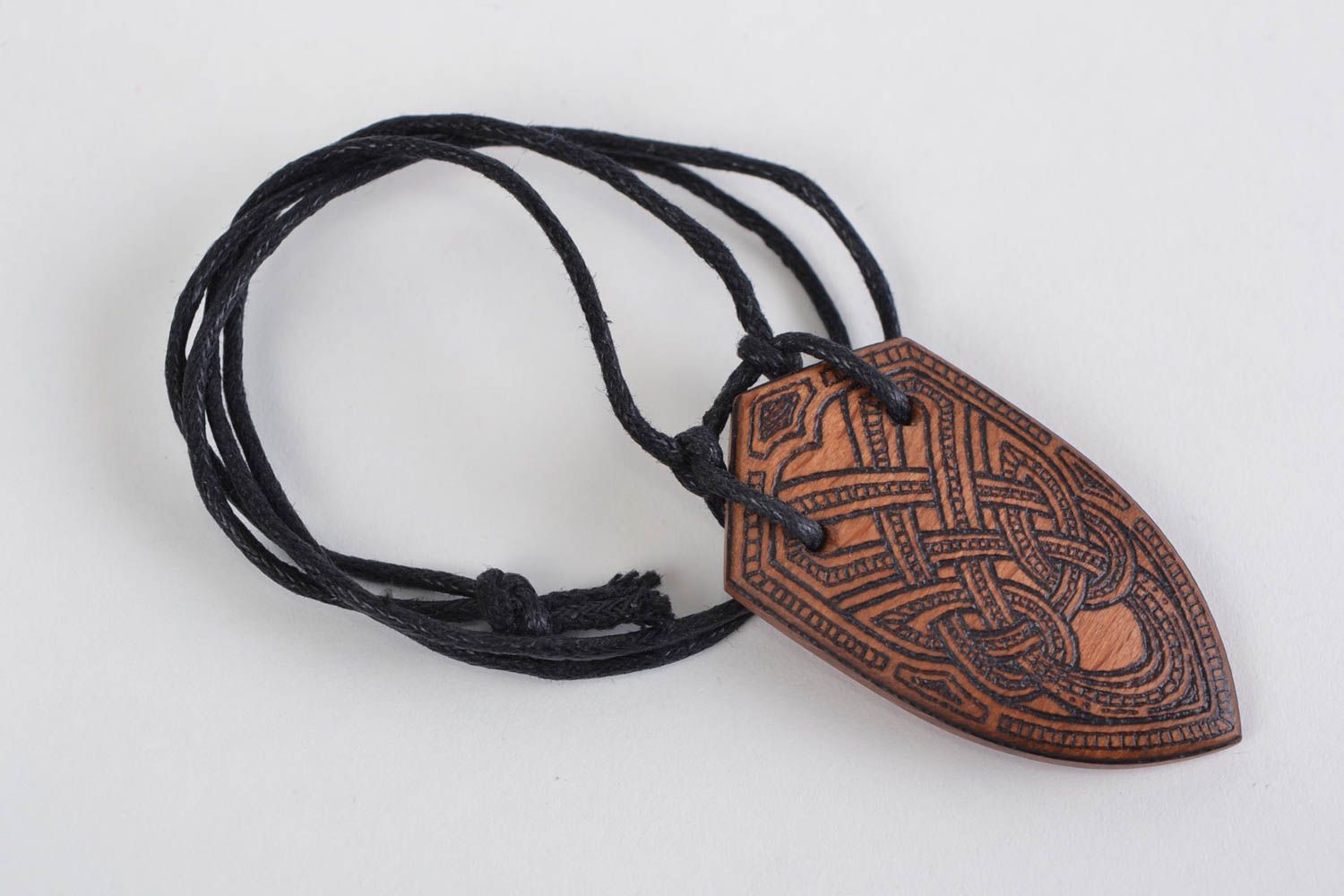Handmade ethnic wooden pendant necklace on waxed cord ornamented with pyrography photo 1