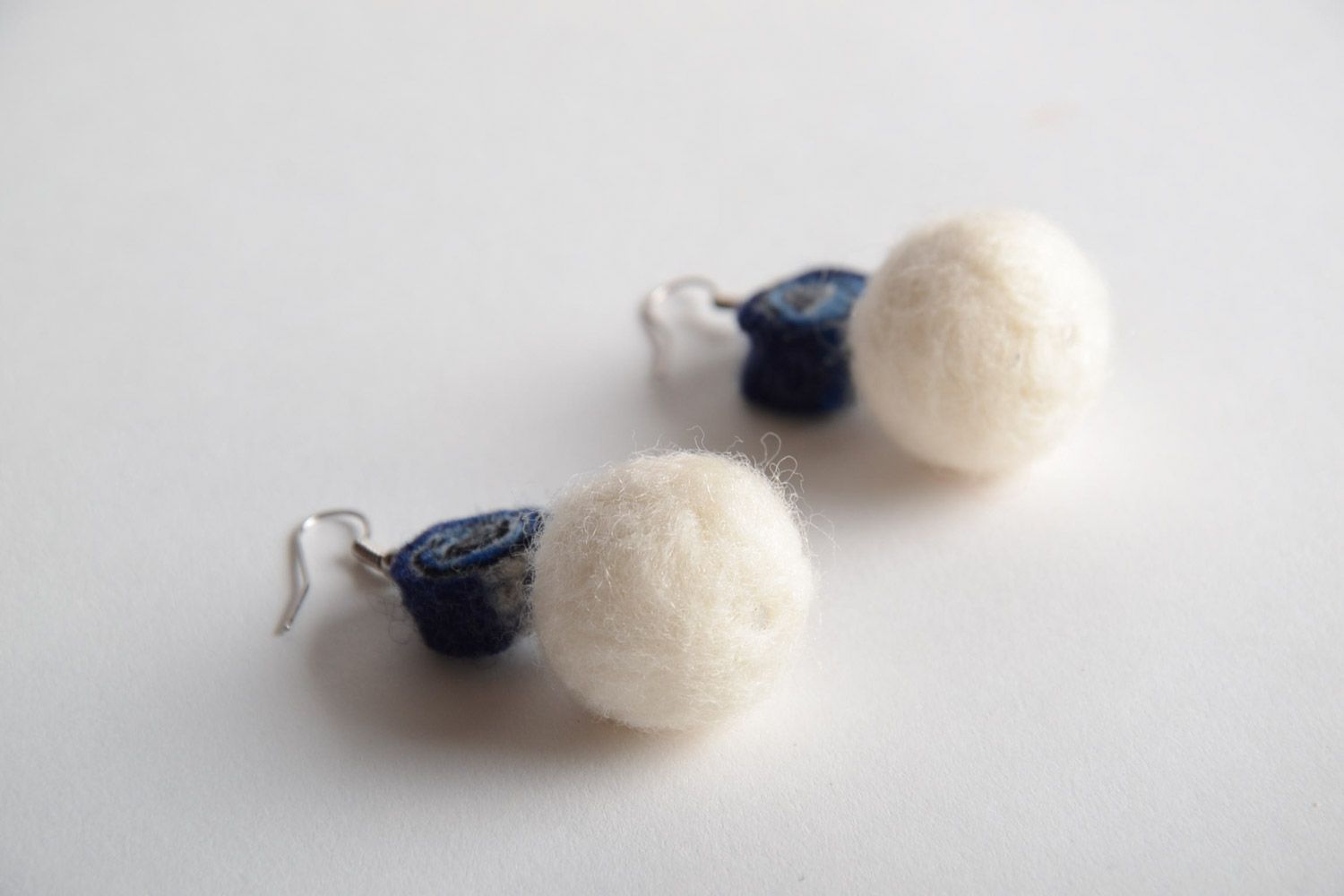 White and blue handmade long felted wool ball earrings for women photo 4