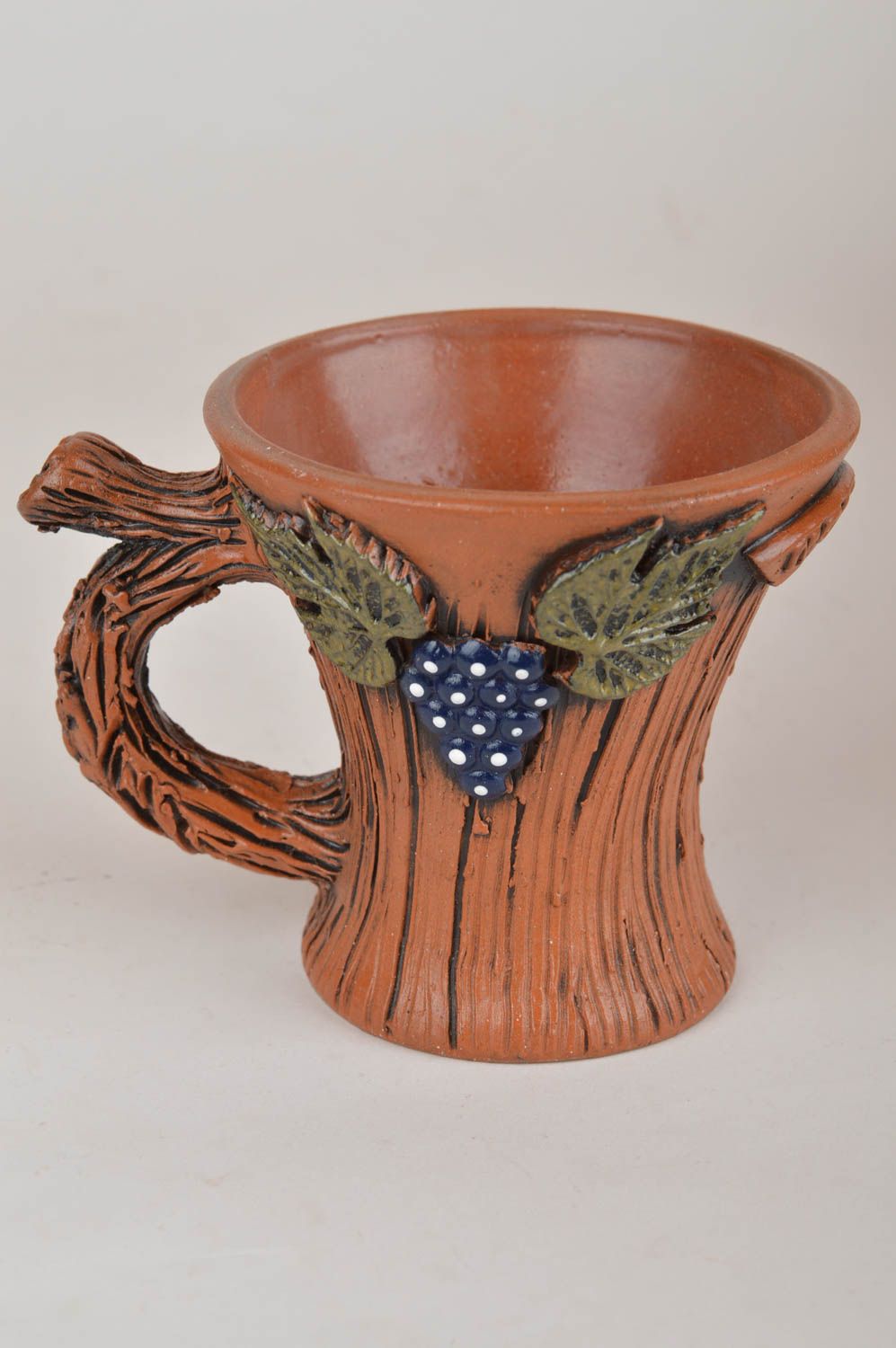 5 oz clay glazed wine cup with grape leaves in brown color photo 2