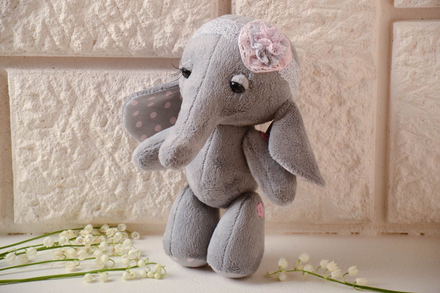 Handmade small cotton fabric soft toy cute gray elephant with lacy headband photo 1