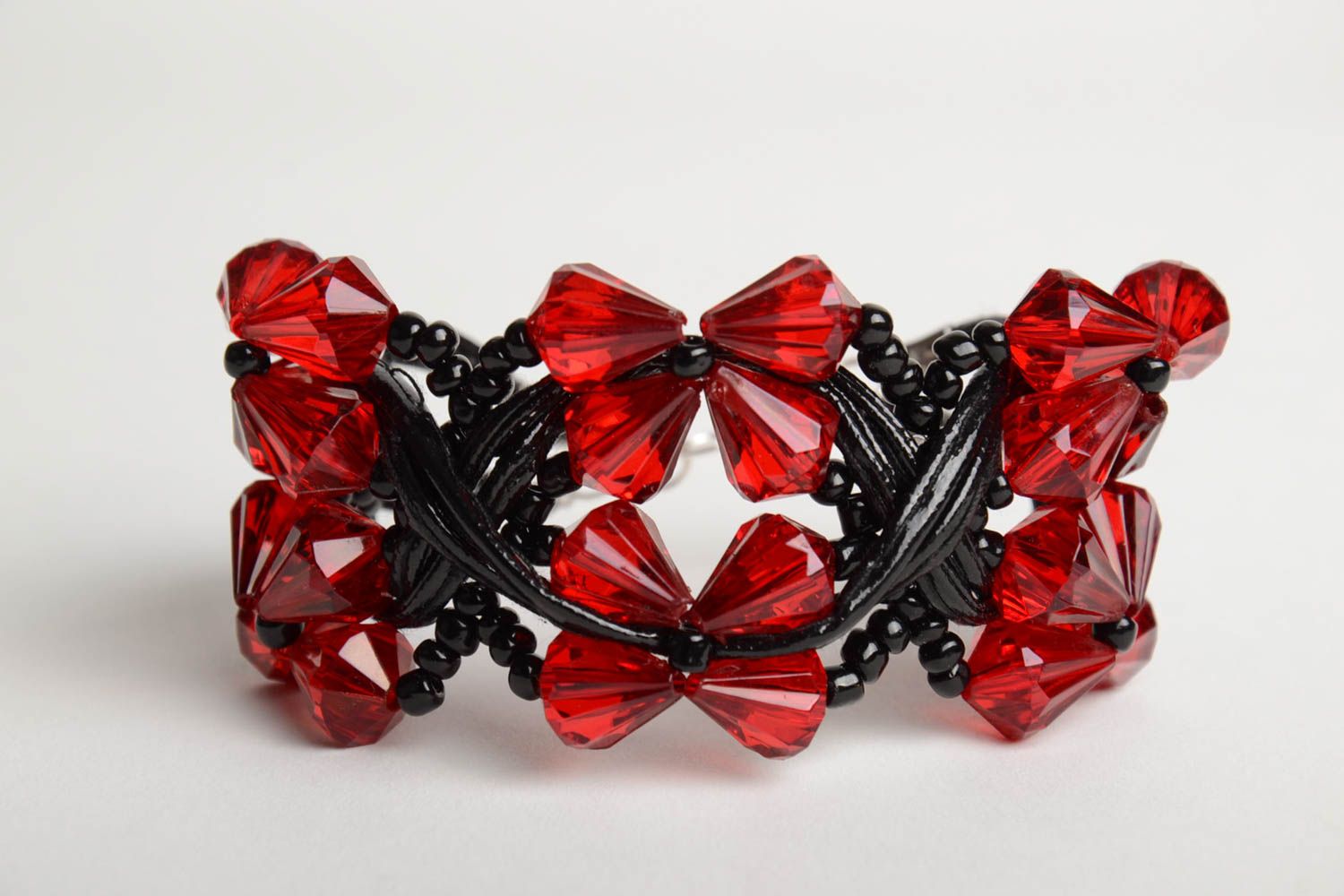 Designer festive handmade black and red wrist bracelet crocheted of Czech beads  photo 3
