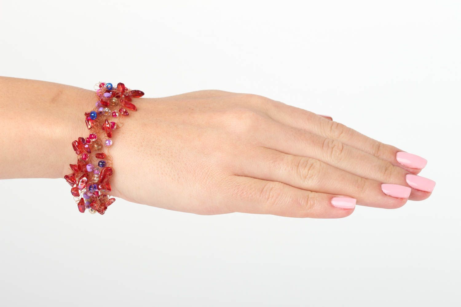 Gentle handmade beaded adjustable bracelet with natural quartz red stone for women photo 5