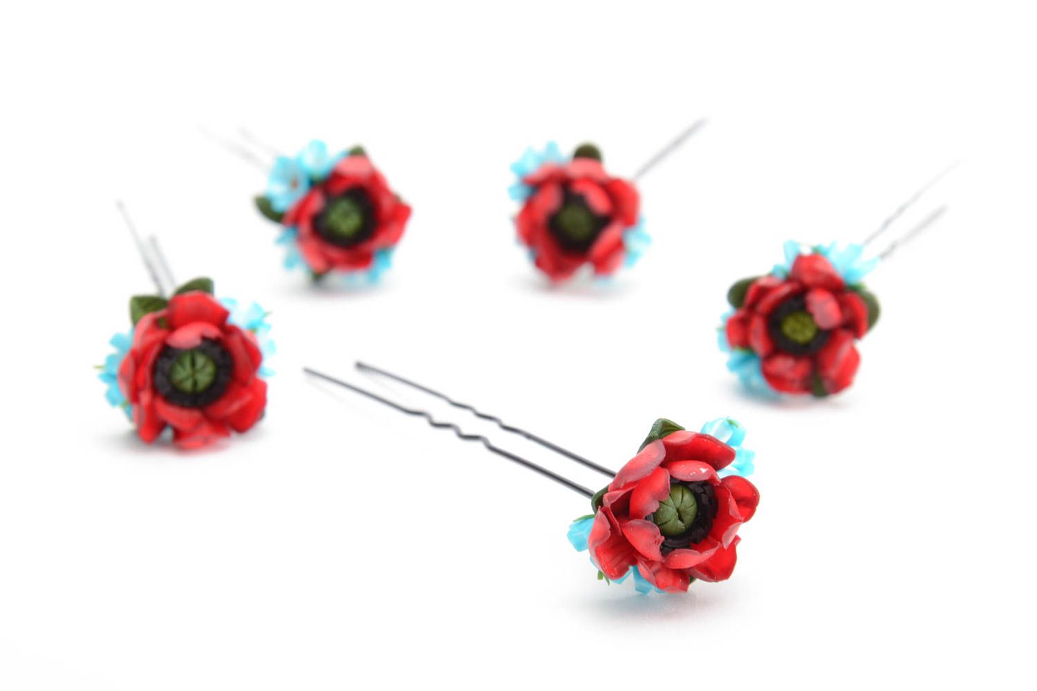Set of 5 handmade decorative hair pins with polymer clay red and blue flowers photo 3