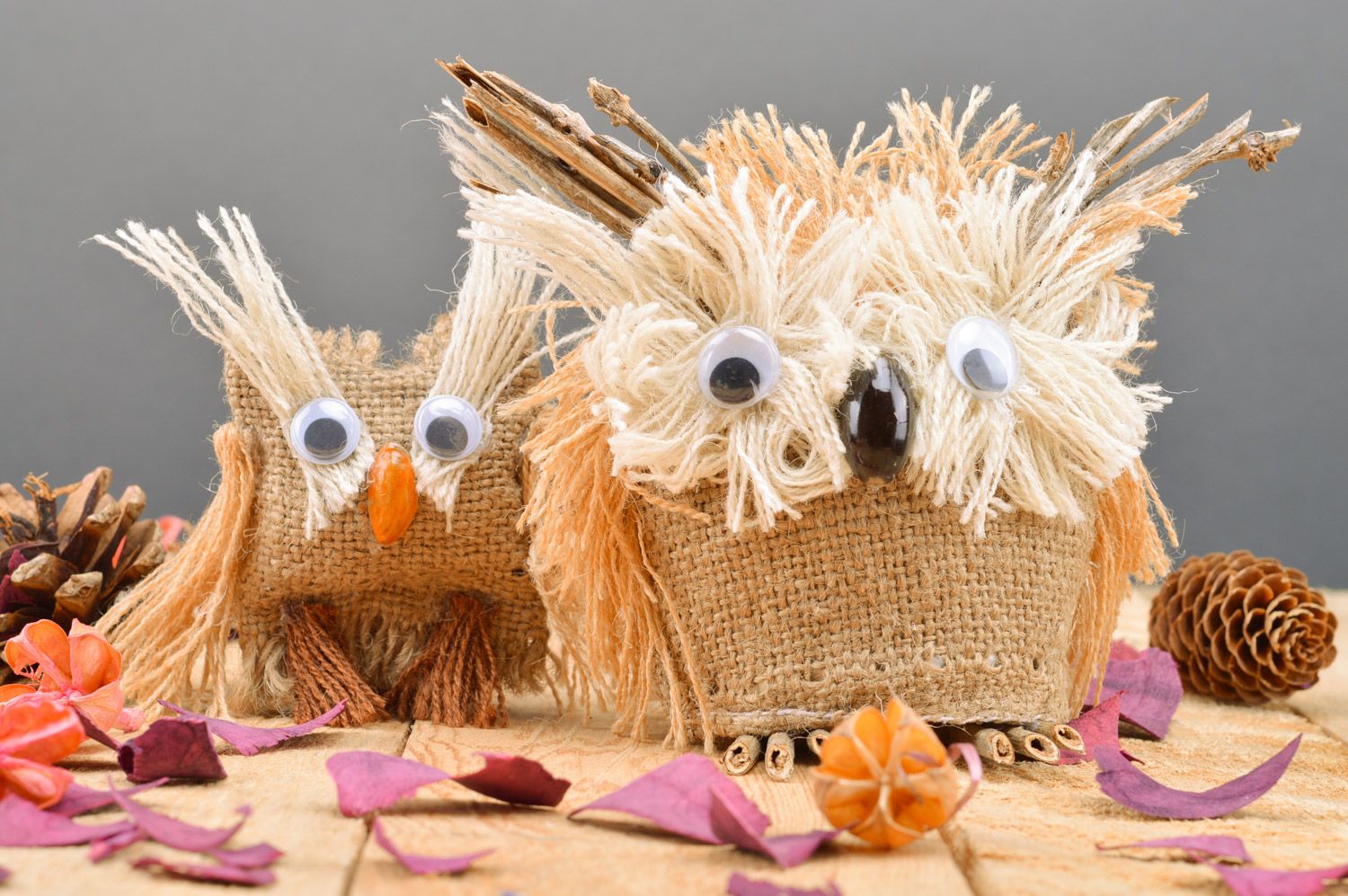 Set of 2 handmade souvenir toys sewn of burlap Owl with owlet for interior decor photo 2