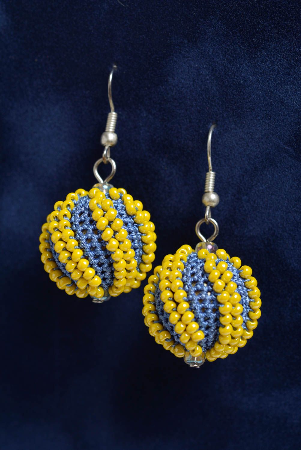 Handmade designer ball shaped dangling earrings woven of beads blue and yellow photo 1
