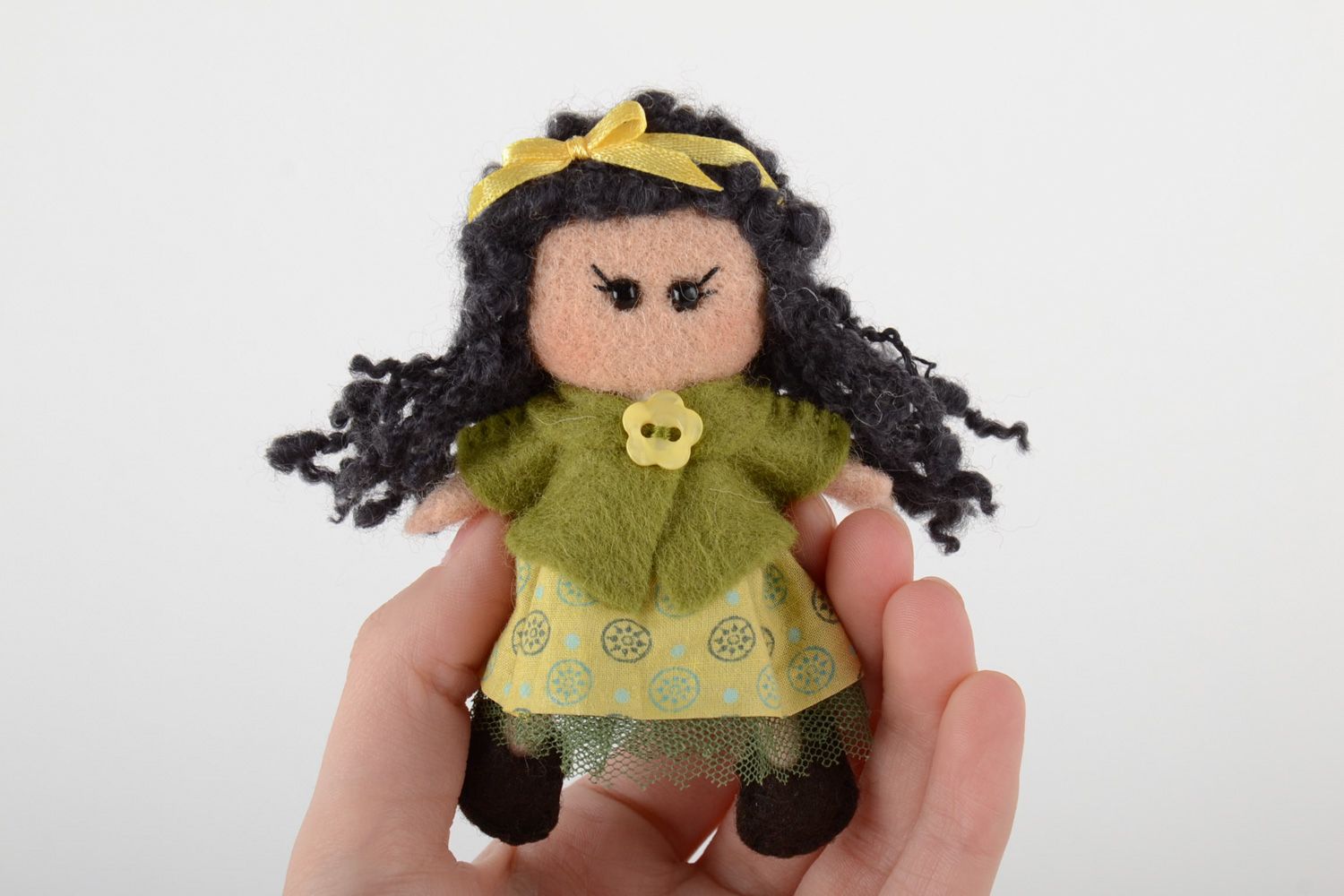 Handmade decorative fridge magnet felted of wool in the shape of little doll photo 5
