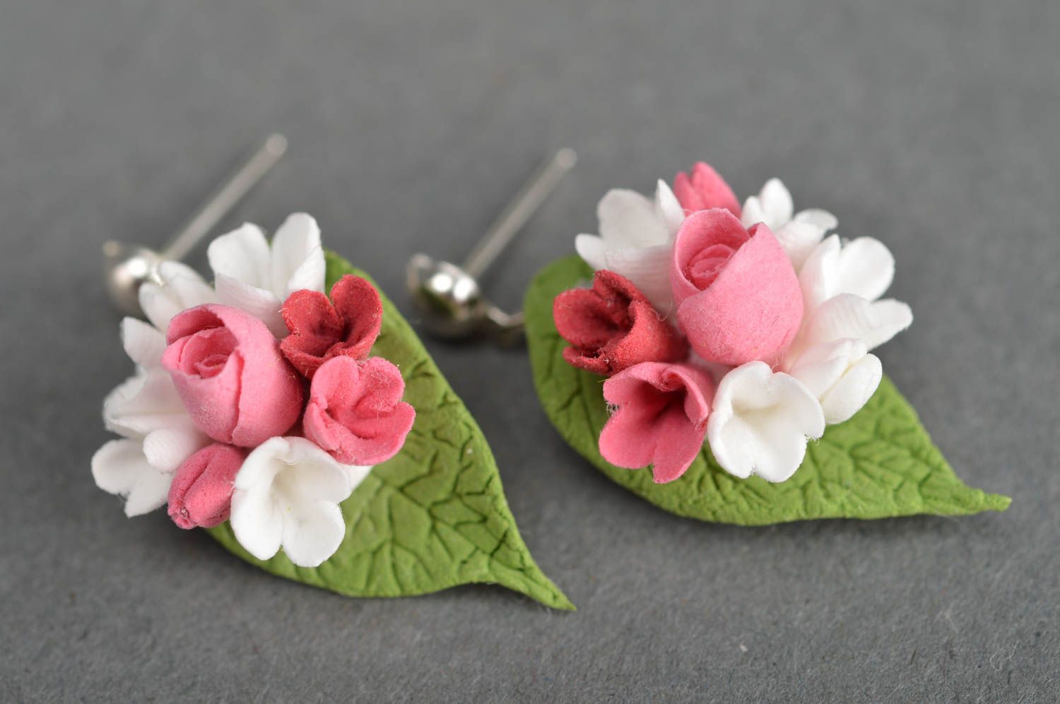 Handmade earrings made of polymer clay leaves with flowers summer accessory photo 2
