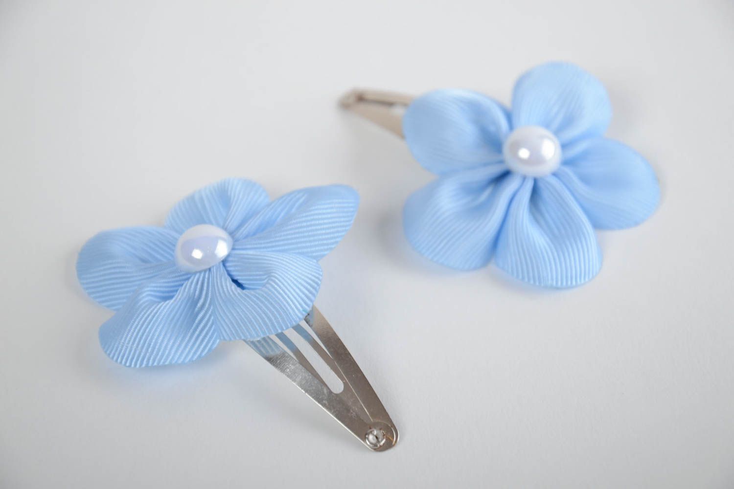 Handmade tender hair clips with light blue rep ribbon flowers set of 2 items photo 2