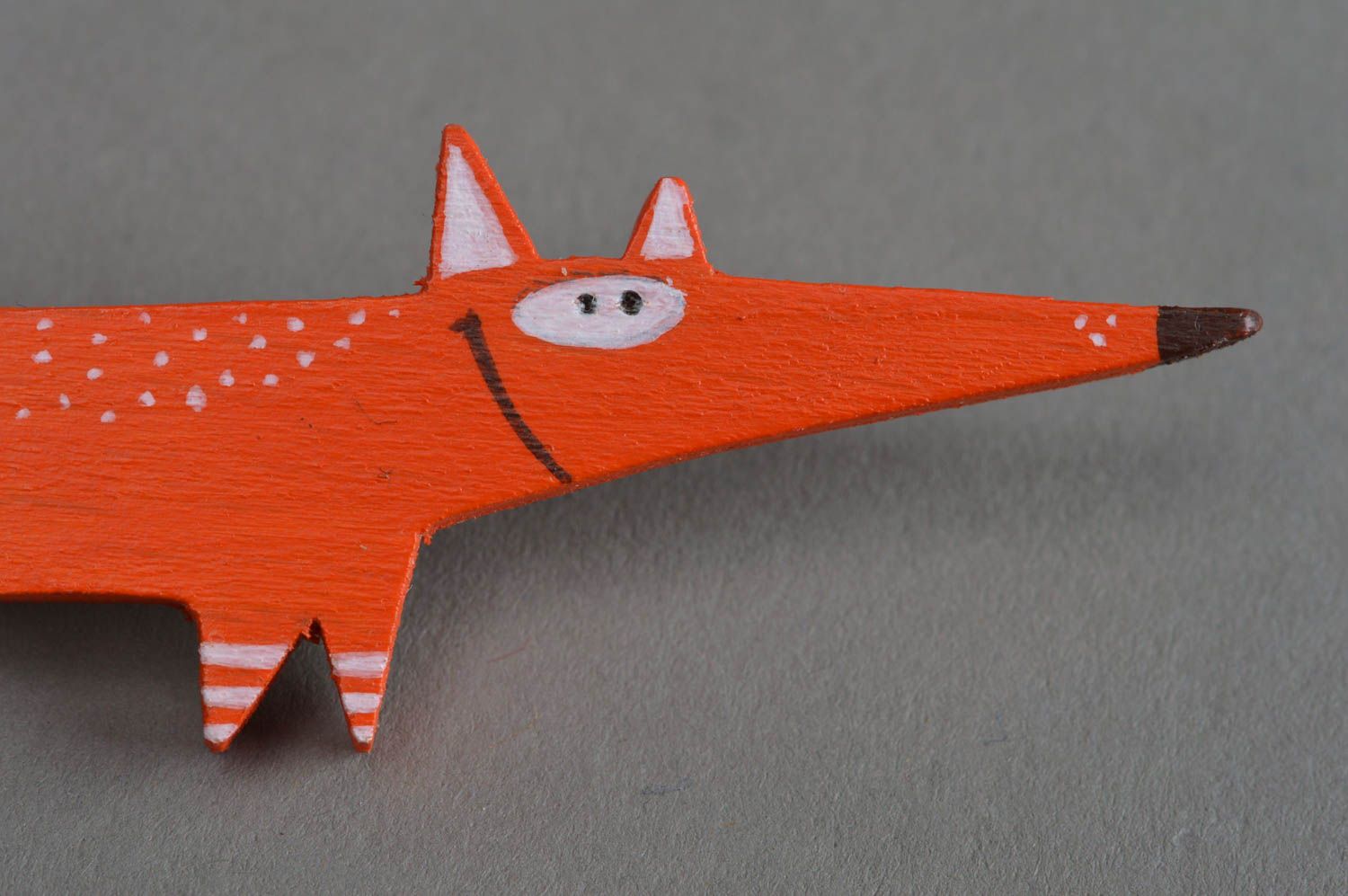 Handmade designer small wooden painted funny animal brooch long orange fox photo 2