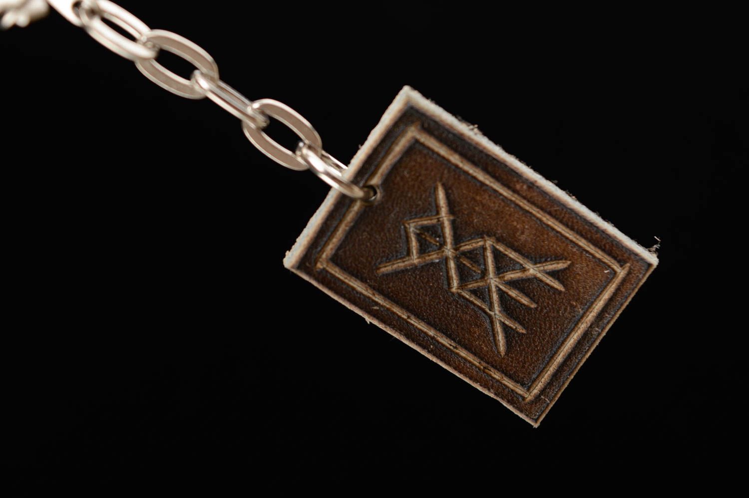 Porte-clefs en cuir brun rectangulaire original avec runes fait main cadeau photo 4