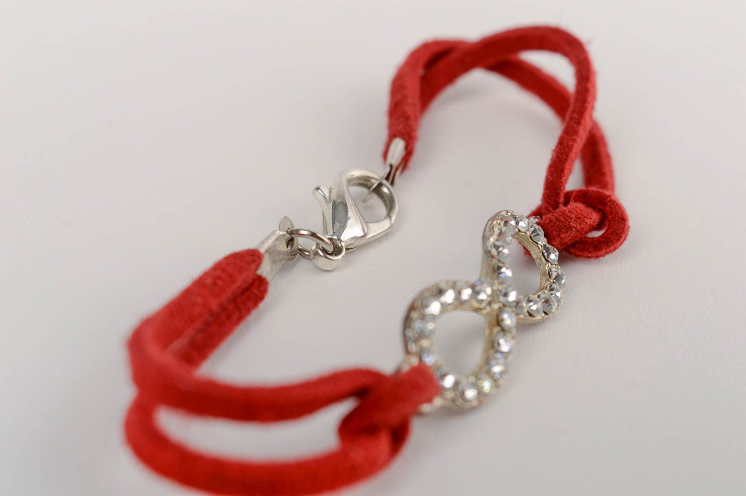 Handmade thin red suede cord bracelet with metal charm infinity sign photo 4