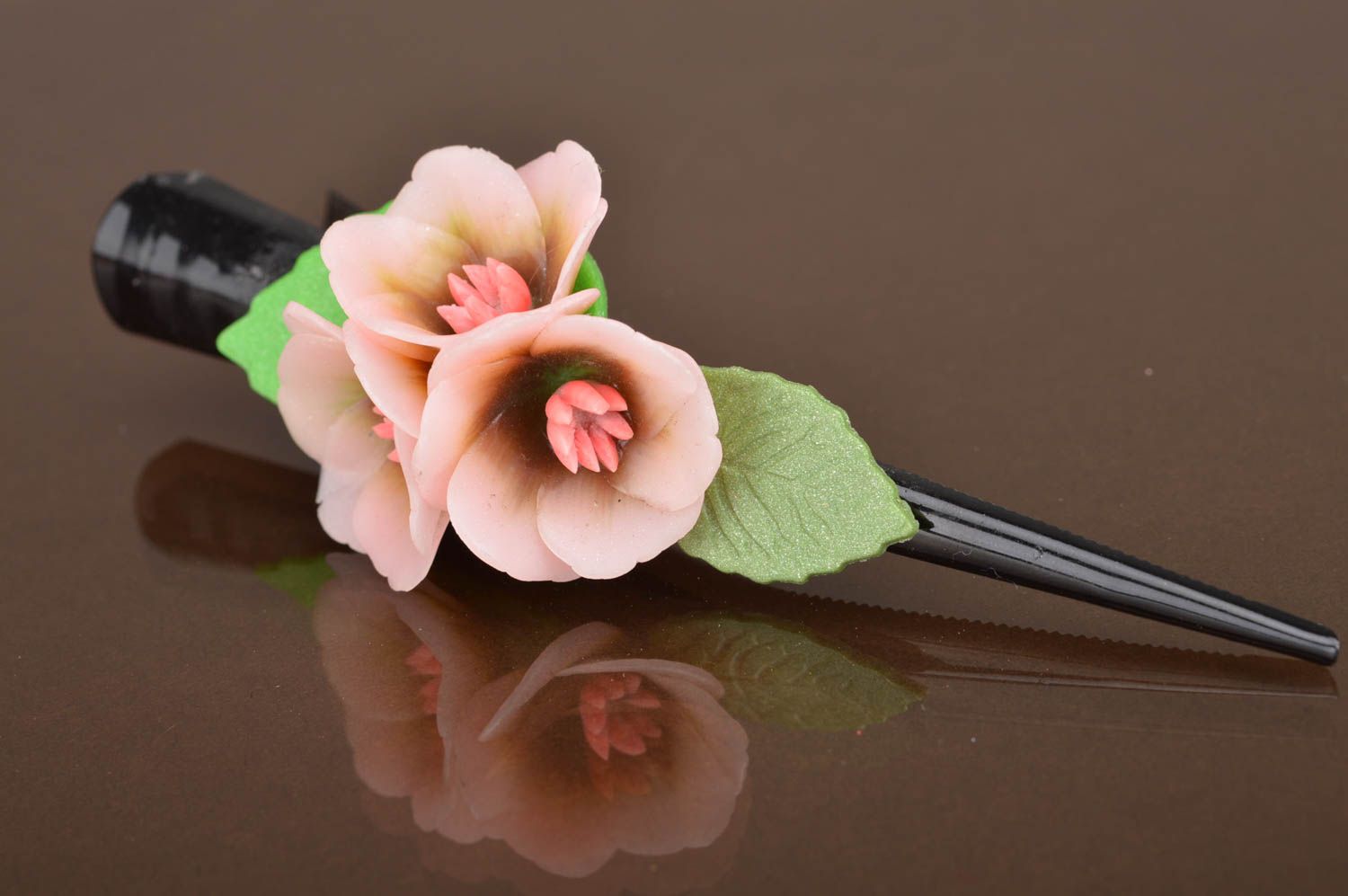 Unusual handmade designer polymer clay flower barrette Cherry Blossoms photo 5