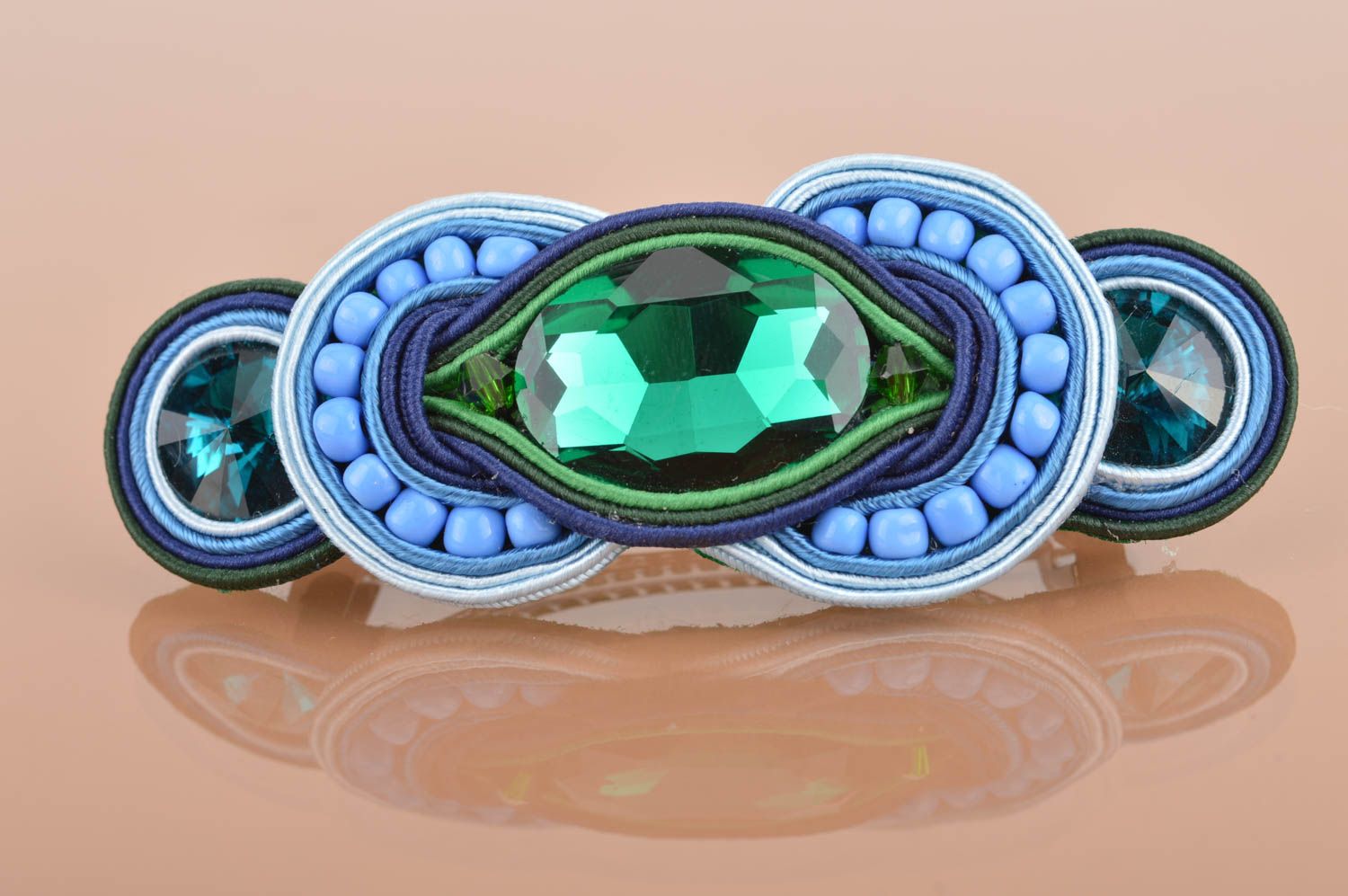 Beautiful handmade designer soutache barrette of emerald color with beads photo 2