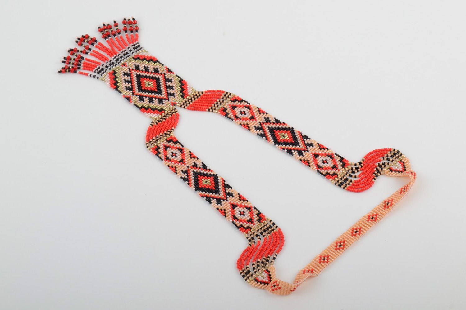 Handmade ethnic necklace woven of beads and bugles in red color palette for women photo 4