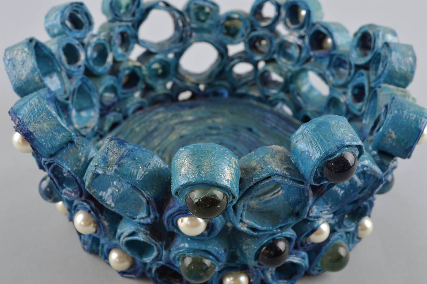 Декоративная ваза ручной работы ваза из бумаги голубая корзинка необычная ваза фото 5