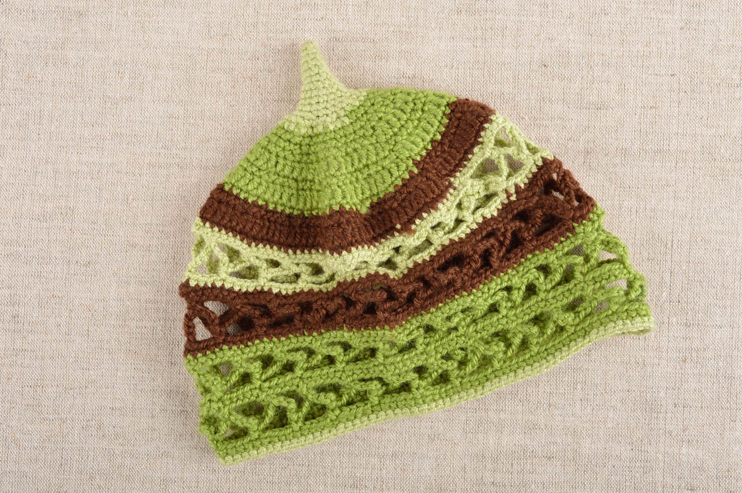 Bonnet tricot Chapeau fait main ajouré vert de fils de coton Vêtement femme photo 1